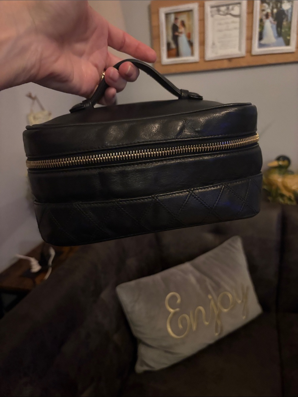 CHANEL Black Quilted Leather Toiletry Bag with Gold Hardware